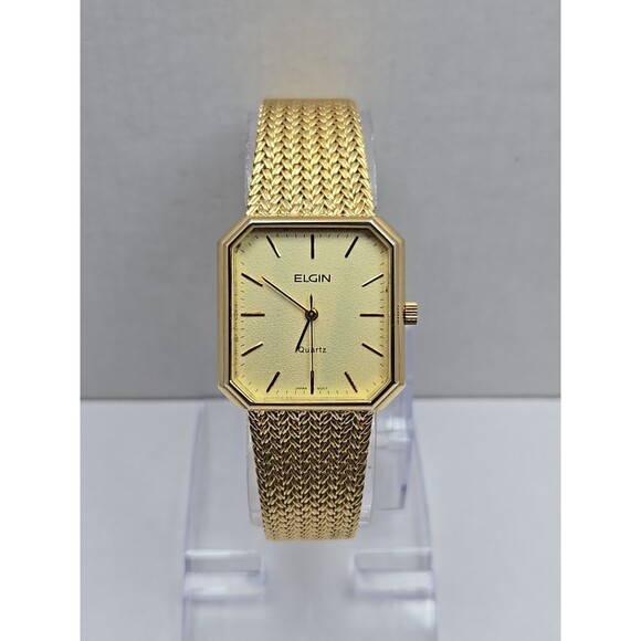 Elgin Quartz Octagonal Tank 28mm Gold Tone Woven Bracelet Japan Movt New Battery - Picture 1 of 10